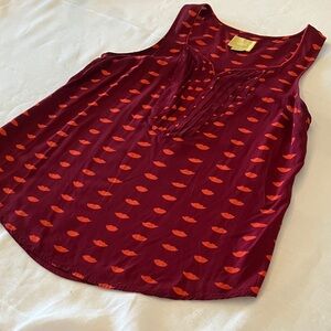 Maeve (Anthropologie) Burgundy Tank Top with Orange Lips Pattern